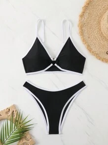 女士夏季海灘對比色環形連接性感比基尼套裝 - 黑與白 - 查看 1
