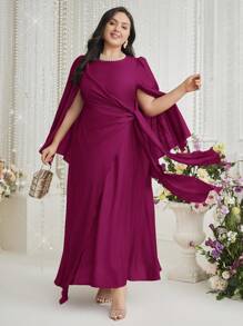 Modelyn Plus Size Women's Summer Solid Color Round Neck Split Casual Long Elegant Dress Long Evening Dresses - Hot Pink - View 8