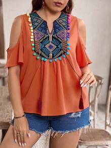 Breezaya Plus Size Women's Stylish Open Shoulder Shirt With Colorful Print And Pom Pom Decor