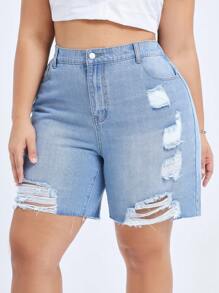 Plus Size Distressed Straight Leg Denim Bermuda Shorts Without Elasticity, Versatile - Blue - View 6