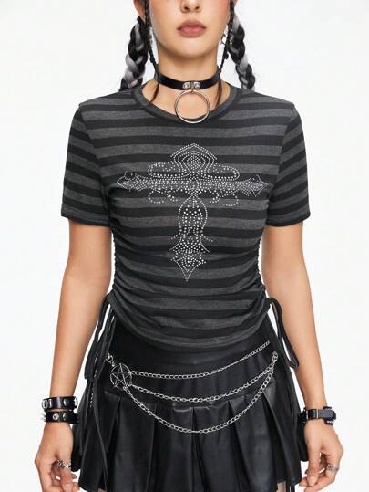 Women's Striped Cross Embellished Slim Fit Drawstring Round Neck T-Shirt