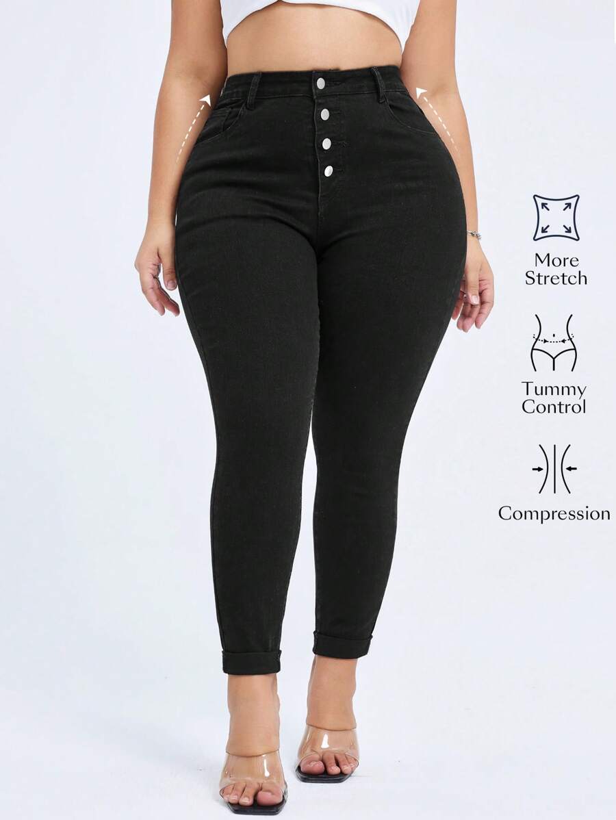 Flexra Quần Jeans Denim Màu Trơn Co Giãn Ôm Vừa Cỡ Lớn Thời Trang Cạp Cao Cho Nữ - màu đen - Xem 1