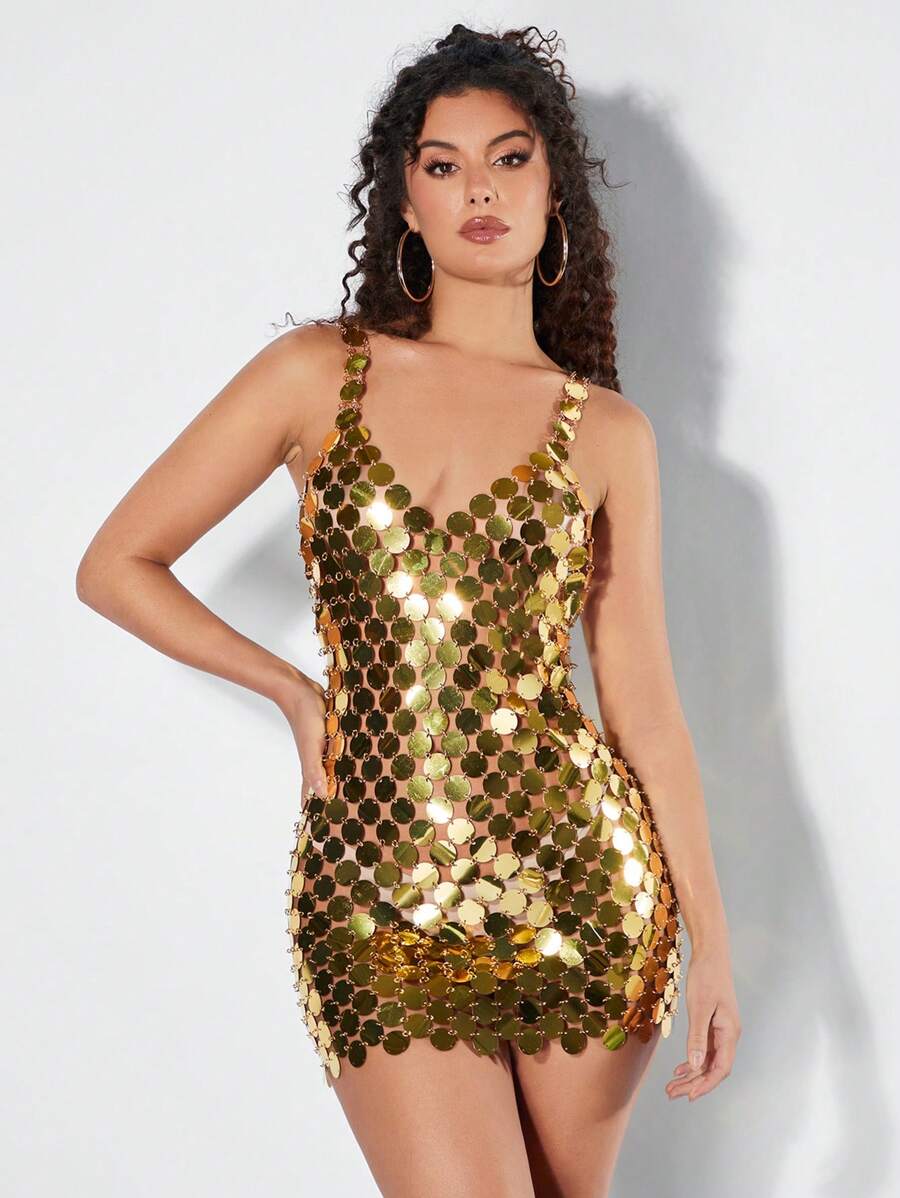SHEIN BAE Glamorous Metallic Look Women's Dress - Gold - View 1