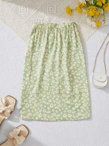 SHEIN Leap Crew Tween Girl Loose Casual Làm mới vùng quê Ditsy Váy hoa có dây thắt lưng và đường viền xẻ - Màu xanh Bạc hà - Xem 2