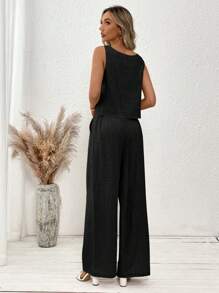 SHEIN Clasi Ensemble été pour femmes avec top de réservoir confortable à encolure carrée de couleur unicolore et pantalon décontracté et ample - Noir - Voir 2