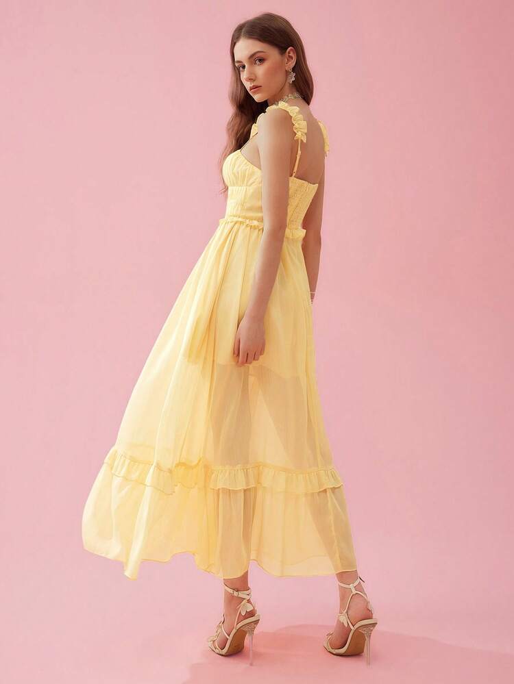 Women's Summer Solid Color Elegant Spaghetti Strap Long Mesh Contrast Dress