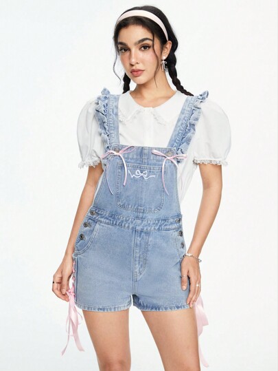 Kawaii Peto sin mangas de mezclilla para mujeres con bolsillo, decoración bordada con lazo, para verano