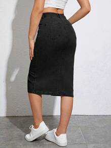 Jeanoix Váy denim màu trơn đơn giản dành cho nữ để mặc hàng ngày - màu đen - Xem 2