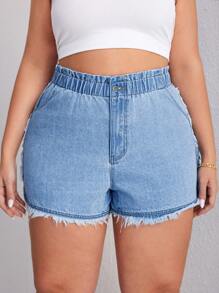 SHEIN Essnce Plus Size Women's Frayed Edge Casual Denim Shorts With Pockets