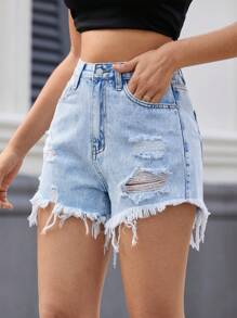 SHEIN Essnce Women's Casual Denim Shorts With Frayed Hem And Distressed Pockets, Perfect For Daily Wear And Travel