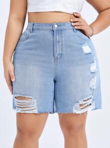 Plus Size Distressed Straight Leg Denim Bermuda Shorts Without Elasticity, Versatile - Blue - View 7