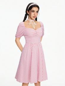 ROMWE Kawaii Women's Casual Plaid Sweetheart Collar Cinched Waist Dress, Summer