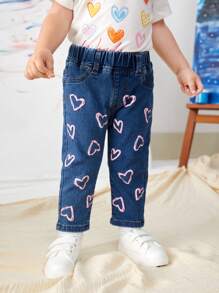Baby Girl Casual Cute Pink Heart Printed Fully Elastic Jeans - Medium Wash - View 1