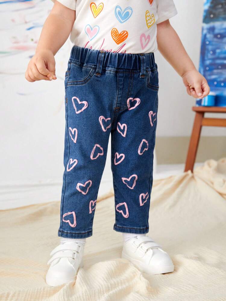 Baby Girl Casual Cute Pink Heart Printed Fully Elastic Jeans