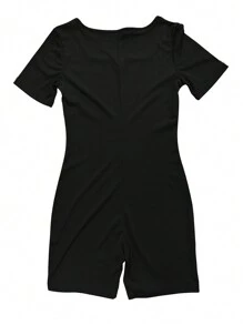 女士休闲短袖格子图案V领修身连体裤，采用透气面料，春夏运动套装 - 黑色 - 查看 3