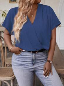 Celure Áo sơ mi tay cánh dơi cổ chữ V thông thường mùa hè cỡ lớn - Xanh đậm - Xem 6