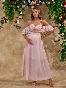 Sexy Chiffon Ruffled Maternity Cami Elegant Dress, For Party - Pink - View 5