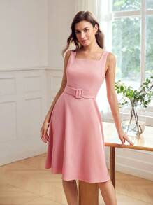 MOTF Classy VÁY DÂY CỔ VUÔNG RẮN THẮT NÚT - Màu Hồng  San hô - Xem 9