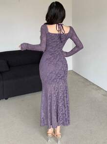 DAZY Vestido de encaje de manga larga para fiesta/boda/formal, con volantes, vestido de otoño para mujer - Morado - Ver 5