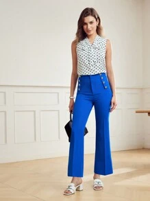 MOTF Classy 金色鈕扣細節縫紋前開叉喇叭褲 - 藍色 - 查看 8