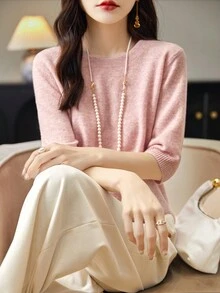 女士100%美麗諾羊毛羊毛衫套頸短袖輕薄夏秋輕奢時尚針織套頭毛衣