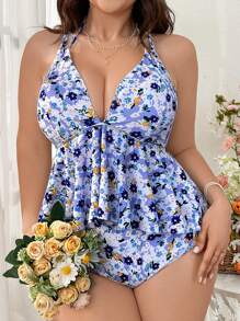Swim Mod Plus Size Random Printed Sexy Fashionable 2pcs Set Tankini, For Summer Beach Vacation - Multicolor - View 6