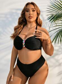 SHEIN Swim Curve 大码女式彩色针织装饰比基尼套装夏季 - 黑色 - 查看 7