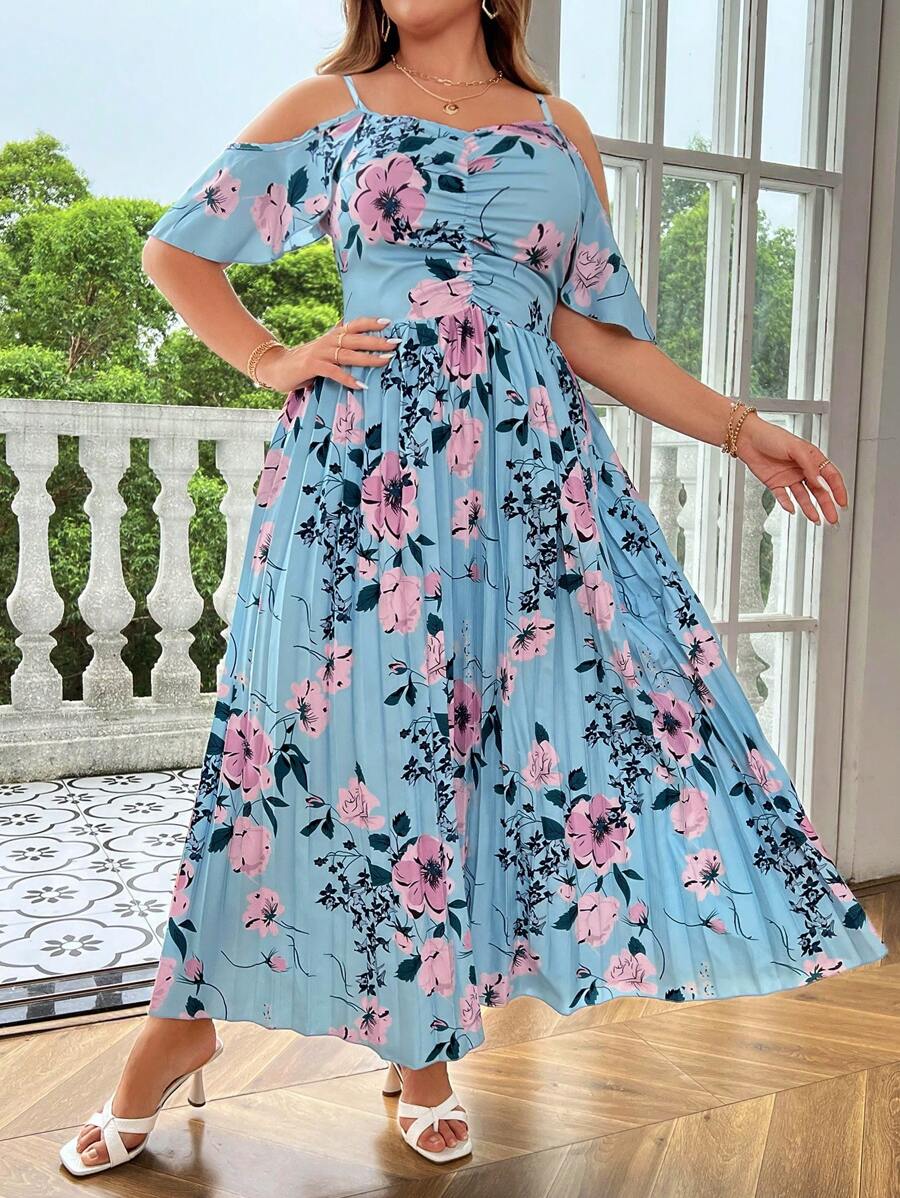 Flirla Plus Size Floral Print Pleated Spaghetti Strap Summer Holiday Casual Dress - Blue - View 1