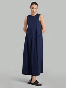 Ontre 女装 2025 新款春装假日蓝色无袖连衣裙，隐藏式口袋，褶皱腰身，优雅女士连衣裙 - 藏蓝色 - 查看 4