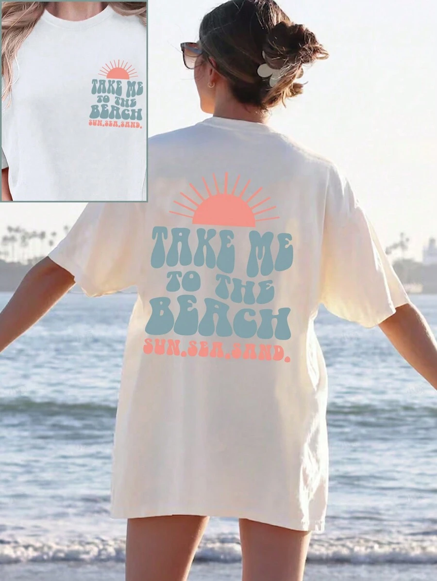INAWLY Take Me To The Beach Comfortable Color Shirt Coconut Girl Clothing Fashion Beach Shirt Vintage Summer T-Shirt Ocean-Inspired Style Mermaid Core TAKE ME To The BEACH SUNSEASAND Graphic Tees Women Tops