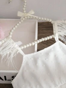 SHEIN 年轻女孩白色细肩带优雅薄纱羽毛装饰公主裙适合婚礼花童、度假装 - 白色 - 查看 5