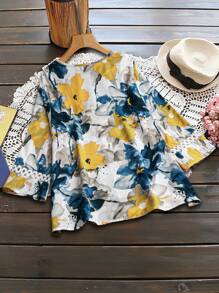 Mulvari Plus Size Vacation Leisure Lace Shirt With Floral Print Patchwork - White - View 2