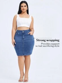 Flexra Plus Size Solid Stretchy Knit Color Denim Bodycon Skirt With Pockets, Summer Apple Bottom Jeans