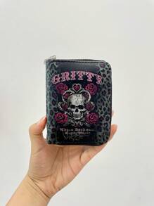 ROMWE Goth Grey Rose Skull Leopard Print Trim Short Wallet Creative Multi-Function Card Holder Wallet - Multicolor - View 2