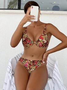 SHEIN Swim Summer Spaghetti Straps Flower Print Bikini Set (Random Print) - Multicolor - View 4