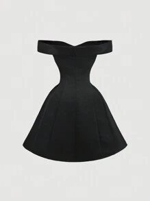 SHEIN MOD 优雅黑色露肩高腰宫廷风格连衣裙优雅晚礼服黑色优雅连衣裙 - 黑色 - 查看 2