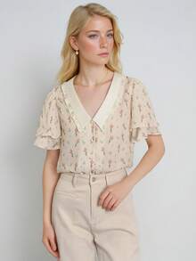 Simple Retro Women's Contrast Color V-Neck Green Printed Shirt - Yellow - View 5