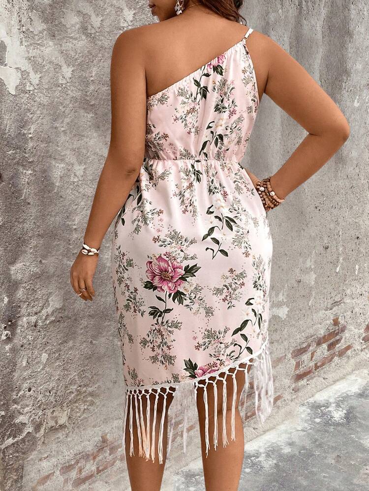 Plus Size Elegant Sleeveless Dress With Asymmetrical Neckline, Floral Print, Tassel Hem For Summer