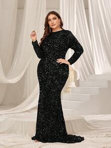 Faeriesty Curve Plus-Size Formal Evening Gown With Elegant Round Neck, Flattering Long Sleeves, And Stunning Mermaid Hemline For Weddings, Charity Galas, Award Ceremonies, And Formal Dinners