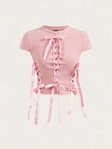 SHEINNeu Summer Kawaii Balletcore Braid Bow Ribbon Short Sleeve Round Neck T-Shirt K-Pop Club Holiday - Pink - View 1