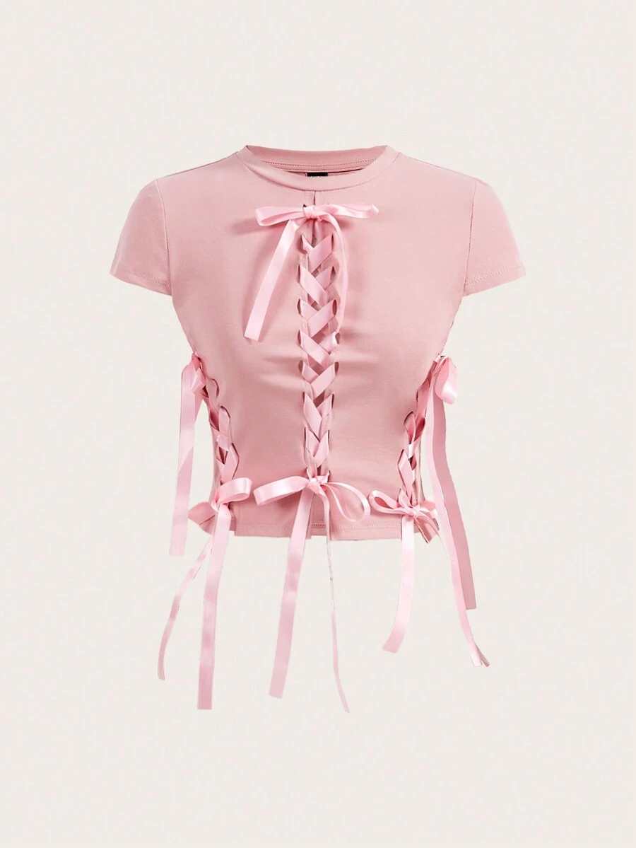 SHEINNeu Summer Kawaii Balletcore Braid Bow Ribbon Short Sleeve Round Neck T-Shirt K-Pop Club Holiday - Pink - View 1