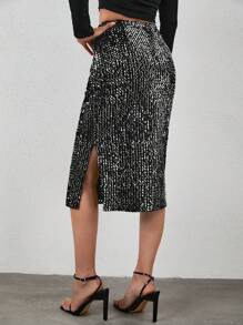 EURMUSE High Waist Split Hem Sequin Skirt - Black - View 1