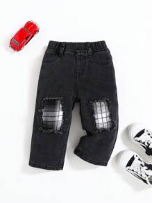 SHEIN Baby Boy's Fashionable Casual Ripped Plaid Patchwork Loose Straight Le Denim Jeans - Black - View 1