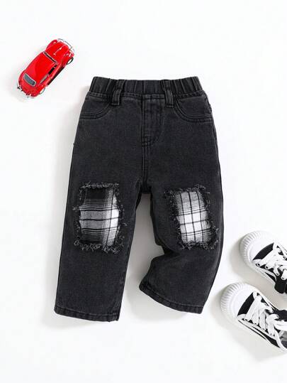 SHEIN Baby Boy's Fashionable Casual Ripped Plaid Patchwork Loose Straight Le Denim Jeans