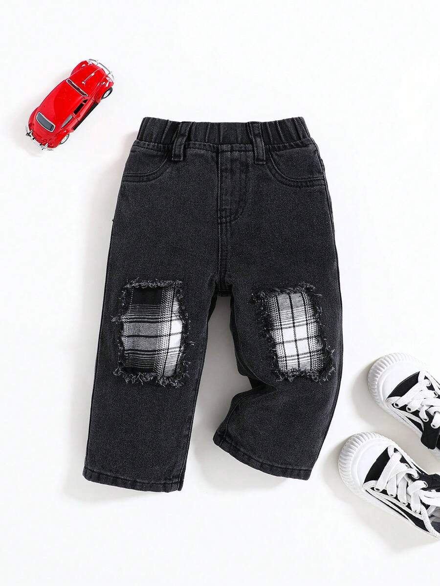 SHEIN Baby Boy's Fashionable Casual Ripped Plaid Patchwork Loose Straight Le Denim Jeans - Black - View 1