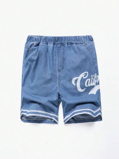 SHEIN Teen Boy Blue Casual Fashionable Sport Pattern Print Color Contrast Stripe Outdoor Denim Baggy Shorts For Summer Vacation And Dailywear