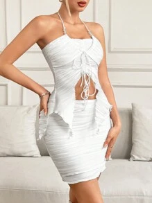 SHEIN ICON Y2K夏日性感白色紋理，串珠肩帶不對稱下擺吊帶背心和低腰迷你裙套裝 - 白色 - 查看 2