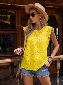 EMERY ROSE Women's Woven Embroidered Flutter Sleeves Lace Trim Blouse (Random Embroidery Pattern) - Yellow - View 6