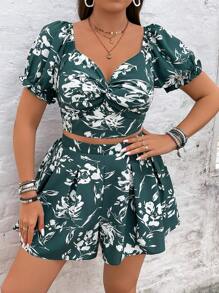 SHEIN VCAY Plus Size Vacation Peplum Hem Puff Sleeve Shirt And Shorts Set - Multicolor - View 5