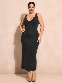 SHEIN SXY Plus Size High-Stretch Soft Fabric V-Neck Bodycon Dress With Hip Package - Black - View 1